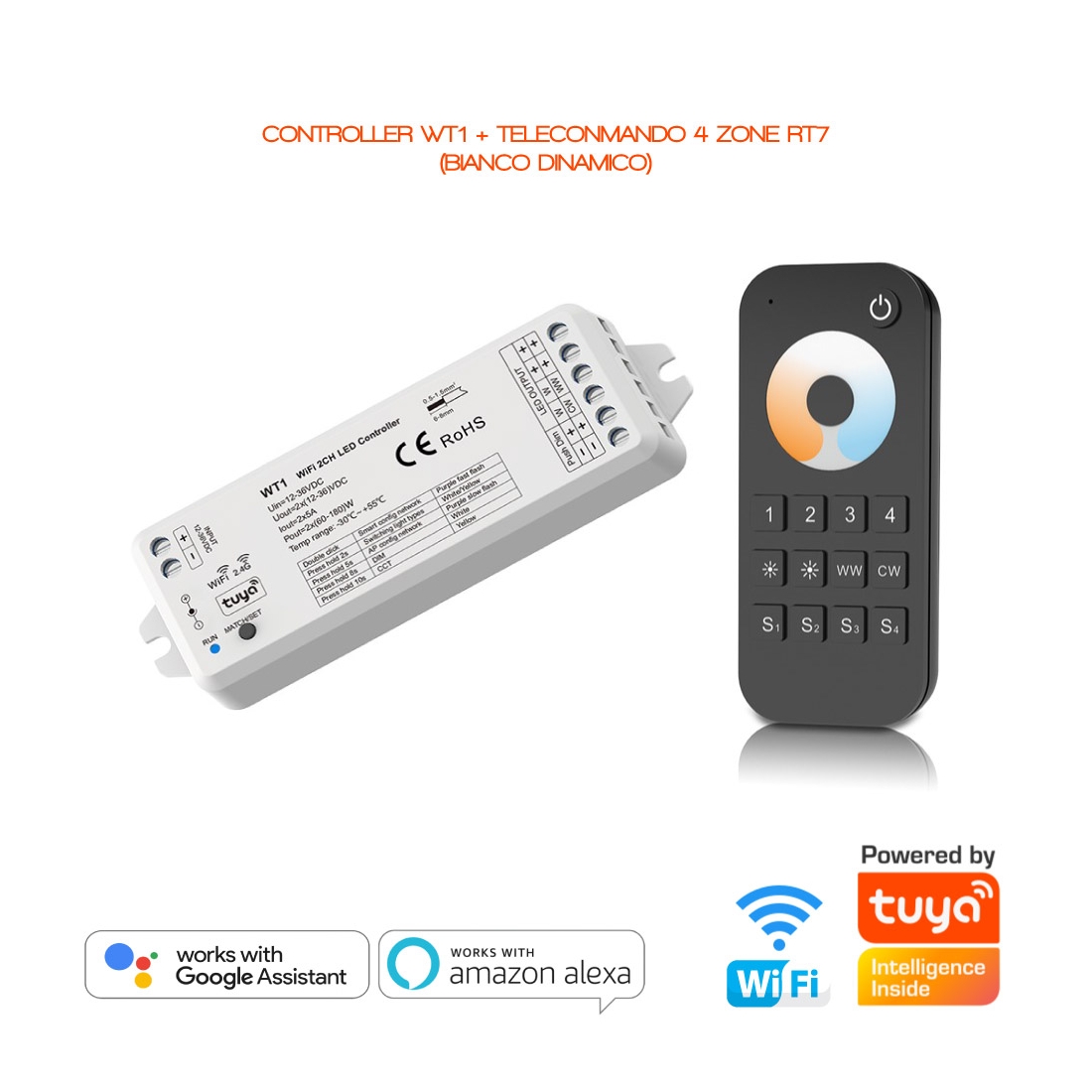 WT1 Controller LED Dimmer Wi-Fi e Telecomando RT7 per strisce LED bianco  dinamico KIT WT1 BIANCO DINAMICO Controller WT1 + Telecomando RT7