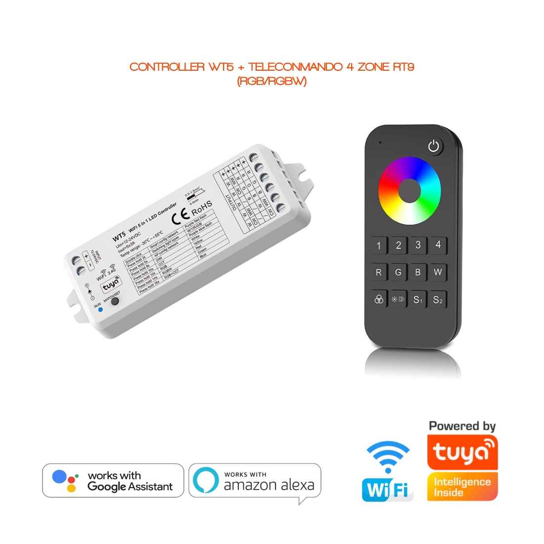 WT5 Controller LED Dimmer Wi-Fi e Telecomando RT9 per strisce LED RGB RGBW  KIT WT5 Controller WT5 + Telecomando RT9